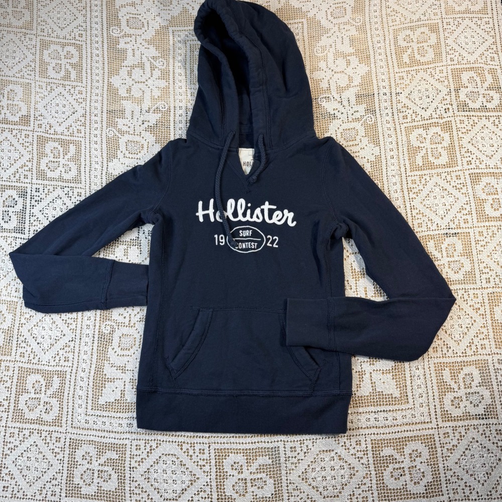 Hollister Womens XS Navy Blue Surf Contest Graphic Pullover Hoodie